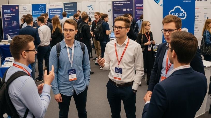 Developers talking at a tech conference