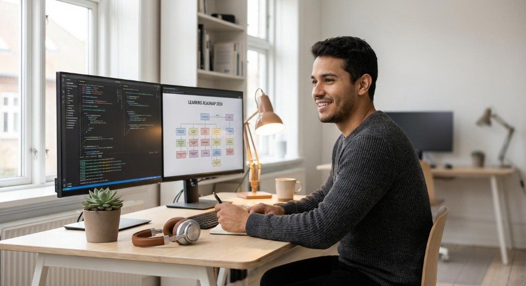 Software engineer smiling at dual monitors